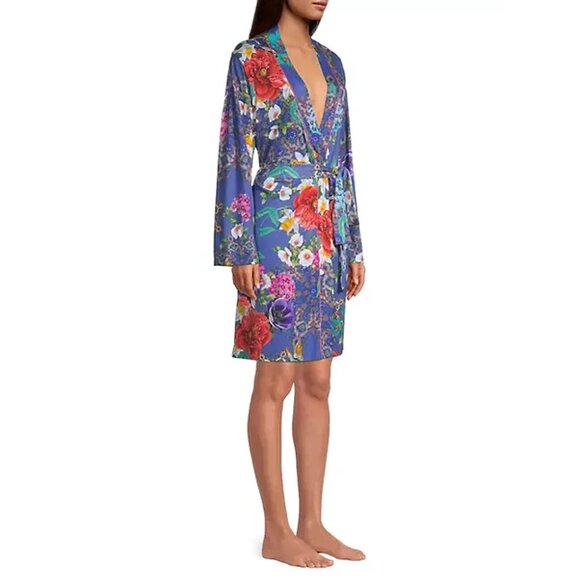 Johnny Was Sunrise Robe Sleep Wear Blue Floral Cotton Night Lounge Flowers NEW - Picture 2 of 6
